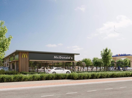 Een 3D-beeld van het project dat McDonald’s in Hoevenen wil realiseren. © McDonald’s Belgium